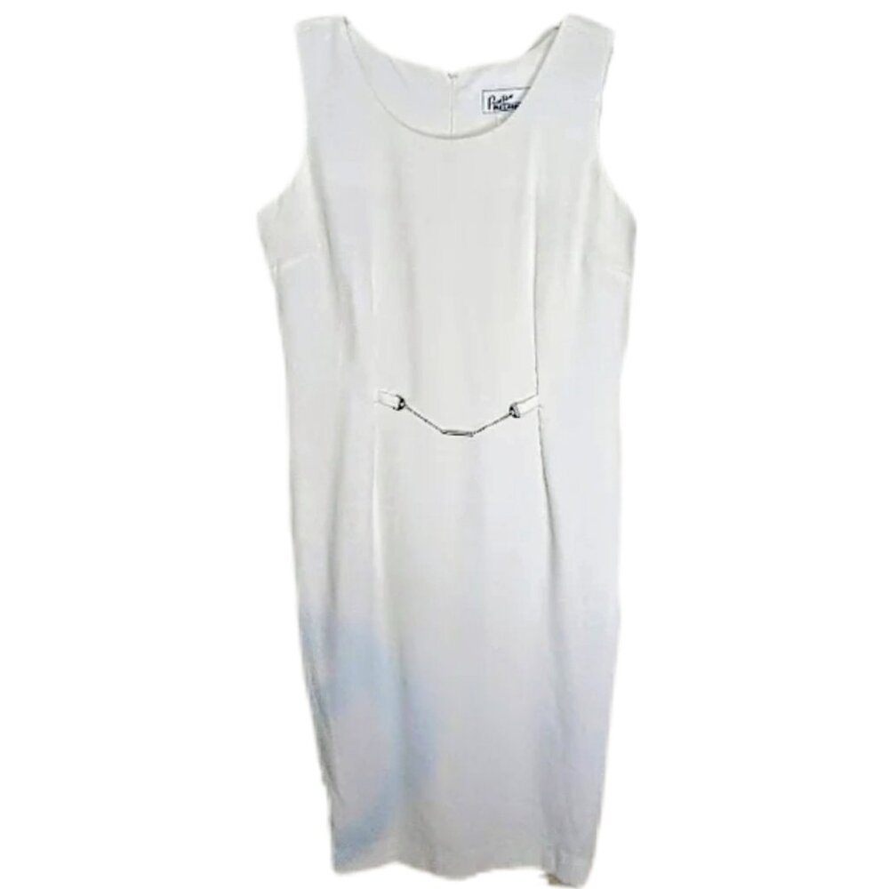 Vtg 80s Positive Influence Ivory Sheath Silver Chain Belt Dress Career Party L